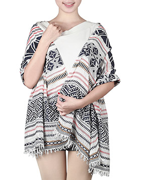 Offener Schal mit und Ethnomuster in weiss-schwarz-rosa