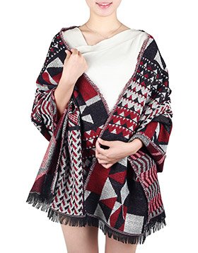 Schultertuch mit geometrischem Muster, schwarz+weiß+bordeaux